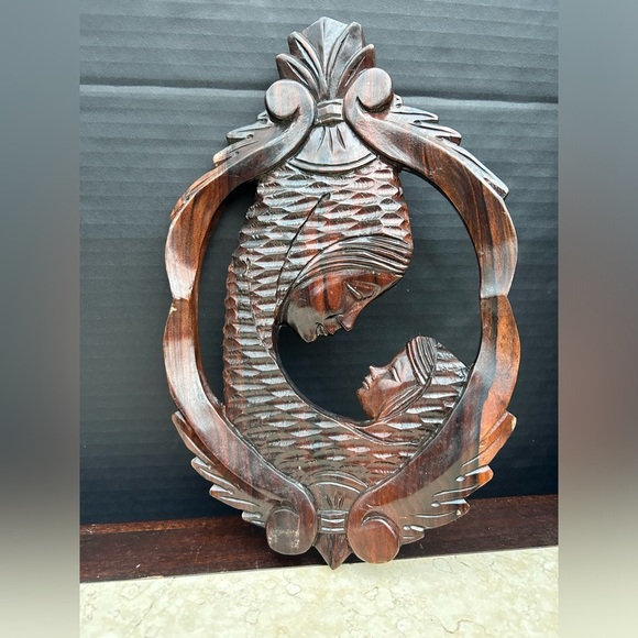 unbranded Other - Mother & Child Wood Carving Wall Hanging Mid Century Art Two Tone Wood